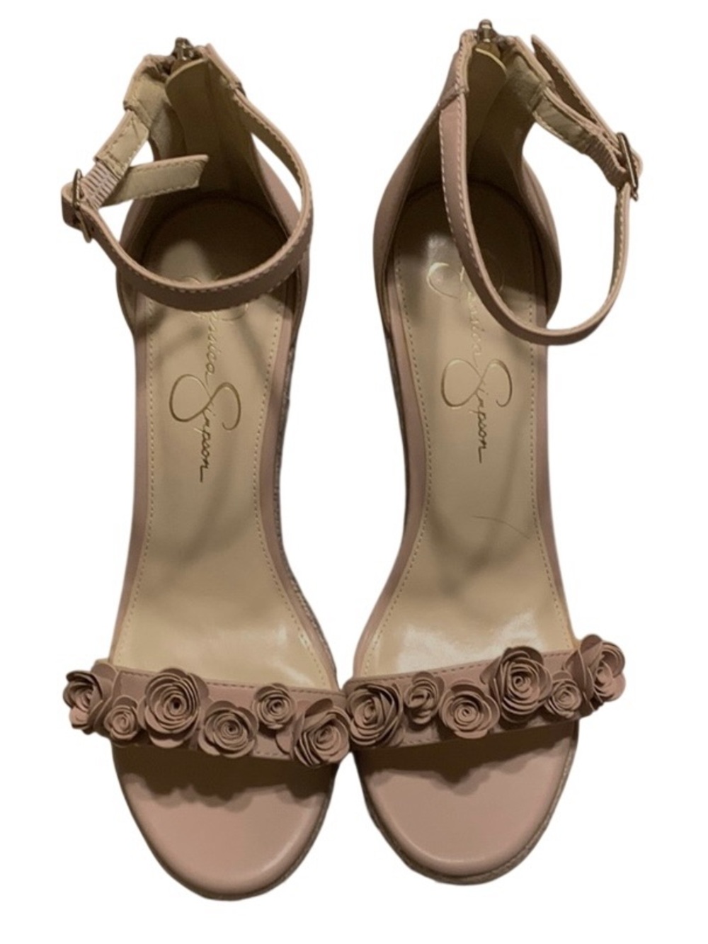 Jessica Simpson Women Nude Ankle Strap Heels with Floral Detail, 8.5 W/O Box